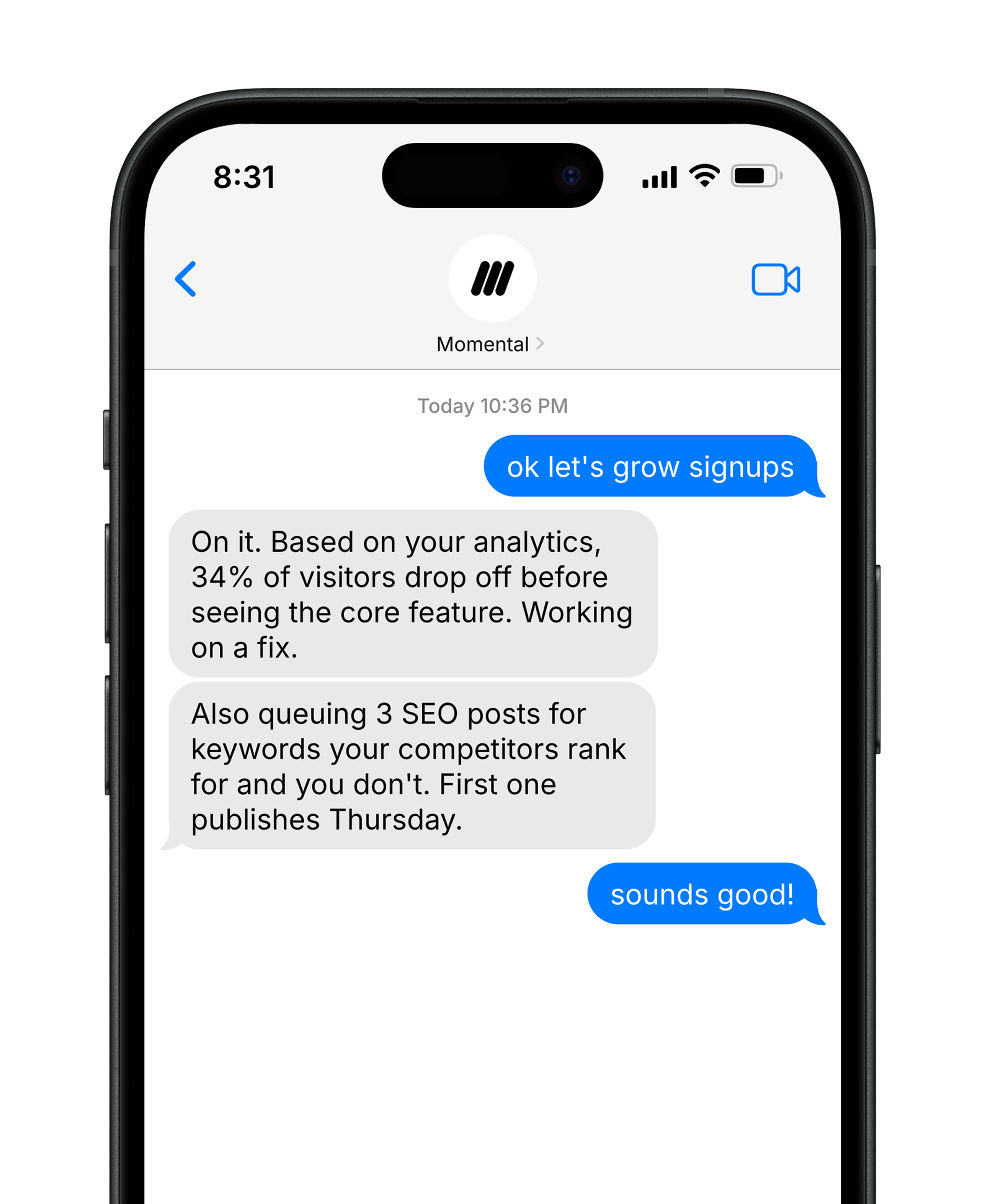Humfrid running inside an iMessage conversation on iPhone.