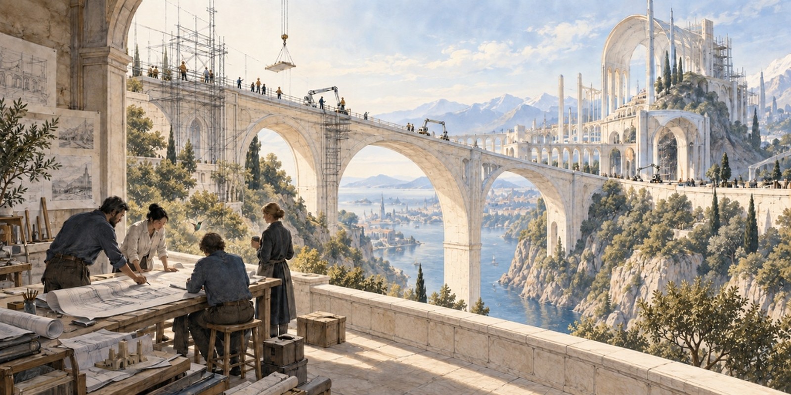 Architects and engineers drafting plans on a terrace overlooking the construction of a monumental bridge and hilltop city